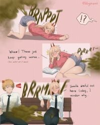 1boy 1girls 3koma annoyed bare_legsass barefoot blonde_hair blush chainsaw_man denji_(chainsaw_man) dirty dirty_ass eating fart farting farting_on_another feet gassy gassy_female horns ibbydraws legs long_hair lying messy_hair necktie pants potato_chips power_(chainsaw_man) reading red_eyes shirt shorts sitting tagme