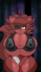 1girls ahoge anthro bandage bandaged_arm big_breasts breasts canid eyepatch fangs fap_nights_at_frenni's female female_focus female_only five_nights_at_freddy's fox foxy_(cally3d) foxy_(fnaf) freckles fredina's_nightclub furry genderswap genderswap_(mtf) gold_(metal) gold_tooth hook huge_breasts nipples pirate pirate_girl red_body red_fur red_hair rule_63 sexy short_hair skull solo tagme tagme_(artist) tail thighs yellow_eyes