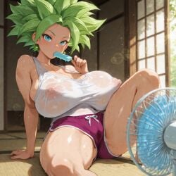barefoot big_ass blue_eyes blue_popsicle blush breasts cleavage curvy dragon_ball dragon_ball_super drooling electric_fan erect_nipples fan genderbend glistening_body green_hair hot huge_breasts indoors kefla legs_up licking_popsicle looking_at_viewer muscular_female nipples popsicle purple_shorts rule_63 saliva see-through_clothes see-through_shirt shiny_skin short_shorts sitting spiky_hair sucking_popsicle summer sweat sweaty_body tank_top thick_thighs toned_body tongue_out underboob visible_nipples voluptuous wet wet_clothes wet_skin white_tank_top wide_hips