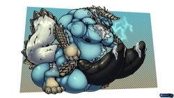 16:9 anthro araidian_(artist) balls big_balls big_penis bodily_fluids capcom cum diphallia diphallism ejaculation erection fanged_wyvern genital_fluids genitals hi_res huge_balls huge_cock hyper hyper_balls hyper_genitalia hyper_penis male male_only monster_hunter multi_genitalia multi_penis musclegut muscular nipples nude penis vein video_games zinogre