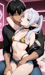 1boy 1girl ai_generated bikini choker dark-skinned_male denim_shorts earrings elf elf_ears elf_female elf_girl expressionless female french_kiss french_kissing frieren frieren_beyond_journey's_end from_behind green_eyes grey_hair groping hotel_room indoors interracial interracial_sex interspecies long_hair looking_at_viewer micro_shorts money mr.mawile muscular_male navel on_bed parted_bangs pointy_ears prostitution size_difference small_breasts sousou_no_frieren thick_eyebrows thong_bikini tiger_print tiger_print_bikini twintails