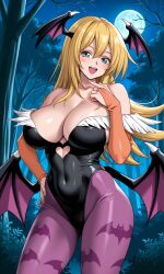 1girls ai_generated arms bare_shoulders bat_print bat_wings black_leotard blonde_hair blush blush_stickers breasts bushes camisole capcom cleavage cosplay covered_areolae covered_belly covered_navel dark_magician_girl darkstalkers fur_trim green_eyes head_wings huge_breasts konami leggings legs leotard long_arms long_hair long_legs magical_girl magician messy_hair monster_girl moon morrigan_aensland_(cosplay) noght_sky png png_file purple_leggings ring shonen_jump silver_ring spiky_hair starry_sky thick_thighs thighs trees very_long_hair witch yu-gi-oh! yu-gi-oh!_duel_monsters