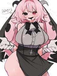 1girls big_breasts breasts ccitrus0 clothed clothed_female clothing color curvy dialogue english_text female female_focus female_only femme_soule fully_clothed hair heart heterochromia light_skin looking_at_viewer open_eyes open_mouth open_smile pink_eyes pink_hair pixiv_link pukey_goddess_shot_trick simple_background smile solo_focus source standing text twitter_link voluptuous voluptuous_female white_background