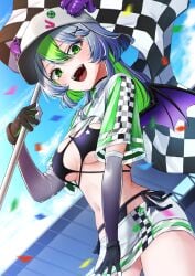 1girls 2d belly_button bikini blush breasts cap checkered_flag cleavage clouds confetti cowboy_shot day dutch_angle elbow_gloves fangs female female_only fit fit_female flag flat_stomach froot gloves green_eyes green_hair grey_hair hairclip happy hips holding_flag holding_object horn_piercing horns horns_through_headwear indie_virtual_youtuber jacket looking_at_viewer medium_breasts midriff miniskirt multicolored_hair navel open_mouth outdoors pale-skinned_female pale_skin petite petite_body petite_female race_queen revealing_clothes short_hair short_sleeves skimpy_clothes sky slim_waist smile solo stomach thighs tongue underboob uvula virtual_youtuber vtuber wings wolf_cut wolfcut