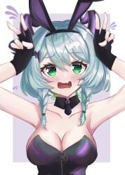 1girls 2d absurd_res absurdres armpits arms_up bat_hair_ornament big_breasts blush braid braided_hair breasts bunny_ears bunny_ears_headband bunny_girl cheek_markings cleavage collar collarbone detached_collar female fingerless_gloves froot gloves green_eyes green_hair grey_hair hair_ornament headband high_resolution highres horns indie_virtual_youtuber large_breasts leotard looking_at_viewer nervous open_mouth pale-skinned_female pale_skin panicking rabbit_pose short_hair sidelocks skin_fang solo tongue two-tone_hair upper_body virtual_youtuber vtuber