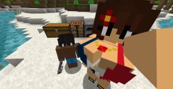 1boy 1girls age_difference artist_request big_breasts bikini black_hair black_skin brown_hair collar female fishing_rod flag_bikini flower flower_in_hair french french_flag french_flag_bikini huge_breasts ingame looking_at_viewer male milf minecraft minecraft_background selfie size_difference taller_female white_skin