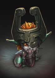 absurd_res armor black_background black_body bodily_fluids breasts cum cum_in_mouth cum_inside cum_on_face cum_on_tongue feet female female_only genital_fluids green_markings grey_body hair headgear helmet hi_res humanoid humanoid_pointy_ears imp imp_midna looking_at_viewer markings midna mootsider nintendo one_eye_obstructed open_mouth orange_eyes orange_hair pointy_ears shortstack simple_background small_breasts solo the_legend_of_zelda thick_thighs tongue tongue_out twili twilight_princess wide_hips yellow_sclera