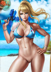 1girls baby_(metroid) beach bikini bikini_top blonde blonde_hair blue_eyes blue_swimsuit bottomless bracelet dandon_fuga gun holding_object long_hair metroid mole_under_mouth navel nintendo outdoors ponytail pussy samus_aran shaved_pussy smiling water_gun