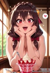 2026 :d ai_generated bangs blush bow braid braided_hair breasts brown_hair cherry cleavage crown_braid dessert eye_contact female female_focus female_only flushed food fruit hair_accessory hair_between_eyes hair_ornament hairbow hands_on_own_cheeks hands_on_own_face heart highres huge_breasts ice_cream indoors inside kono_subarashii_sekai_ni_shukufuku_wo! konosuba large_breasts long_hair looking_at_viewer moaning nude open_mouth parfait patreon patreon_username pov_across_table red_bow red_eyes rognezart smile smiling solo sparkle spoken_heart spoon strawberry sundae teeth twintails upper_body very_long_hair window yunyun_(konosuba)
