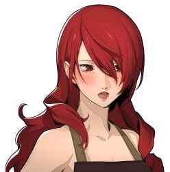 1girl 1girls accurate_art_style apron apron_only asian atlus bare_shoulders big_breasts blush breasts cleavage clothed clothed_female clothing curvy edit edited embarrassed embarrassed_nude_female facing_viewer female female_only hair_over_one_eye hi_res human large_breasts light-skinned_female light_skin long_hair looking_to_the_side megami_tensei mitsuru_kirijo mitsuru_portrait_edit official_style open_eyes open_mouth out_of_frame pale-skinned_female pale_skin partially_clothed persona persona_3 persona_3_reload red_eyes red_hair sega shy skinny slim solo solo_female transparent_background