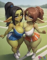 2girls ai_generated breasts_bigger_than_head cheerleader cleavage curvy goblin goblin_female hourglass_figure huge_breasts looking_at_viewer miniskirt playfulcrit pleated_skirt ponytail pov sexy teamwork thick_thighs tight_clothing