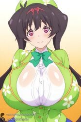 1female 1girls 2026 ai_generated artist_name bangs beret big_ass big_breasts black_hair blush bow bowtie breasts closed_mouth collared_shirt curvy female female_only gradient gradient_background green_bow green_headwear green_jacket hair_ribbon hairband hat heart heart-shaped_pupils hi_res high_quality high_resolution highres huge_ass huge_breasts jacket long_hair long_sleeves looking_at_viewer midori_hemo ochikobore_fruit_tart orange_background patreon patreon_username purple_eyes red_ribbon ribbon school_uniform see-through shirt skirt smile solo sweat symbol-shaped_pupils twintails unjobdespiert upper_body very_long_hair watermark white_shirt