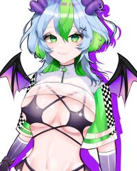 1girls belly_button big_breasts bikini breasts cleavage elbow_gloves eyeshadow female female_only fit fit_female flat_stomach froot gloves green_eyes green_hair grey_hair hair hair_on_shoulders hairclip horns indie_virtual_youtuber jacket looking_at_viewer midriff multicolored_hair navel pale-skinned_female pale_skin purple_eyeshadow race_queen revealing_clothes short_hair short_sleeves skimpy skimpy_clothes slim_waist smile solo stomach translucent_clothing transparent_clothing underboob upper_body virtual_youtuber vtuber wide_sleeves wings wolf_cut