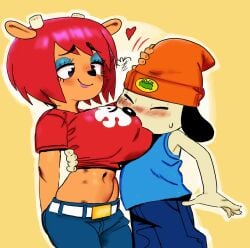 1boy 1girl 1girls 2d blush bovid canine dog_boy eyeshadow face_in_breasts heart lamb lammy_lamb lipstick parappa parappa_the_rapper red_hair rubbing_head sheep sheep_girl smile teztaz um_jammer_lammy
