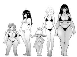 5girls abs artist_request bikini black_bikini black_hair character_request comparing copyright_request dwarf dwarf_female elf elf_female goblin goblin_female human human_female miregeist orc orc_female tagme