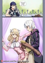 1girls 2boys blonde_hair cheating chrom_(fire_emblem) clothed_sex female fire_emblem fire_emblem_awakening maribelle_(fire_emblem) netorare robin_(fire_emblem) robin_(fire_emblem)_(male) sex standing_sex the_dark_mangaka vaginal_penetration