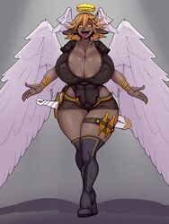 1girls angel_wings areola_slip beige_hair ber00 big_nipples boots breasts brown_nipples cleavage collarbone crazy_eyes crown curvy daggers dark-skinned_female demon_girl dirty_blonde_hair evil_smile feathered_wings female female_only full_body full_cleavage glowing_eyes grey_background halo head_wings hourglass_figure huge_breasts huge_nipples inviting lace-up_boots large_nipples nipple_bulge nipples nipples_visible_through_clothing open_mouth orange_eyes orange_hair puffy_areola puffy_nipples see-through sharp_teeth sharp_tongue sheathed_weapon shorts small_wings solo solo_female subtle_pussy succubus sword thick_nipples thick_thighs thigh_boots thigh_strap throwing_knife tongue tongue_out tongue_piercing unzipped venus_body wasp_waist weapon white_wings wide_hips wings