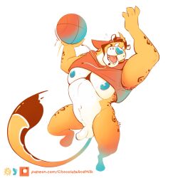 1:1 anthro ball balls basketball_(ball) blue_glans blue_nipples blue_nose bottomless brown_markings chocolateandmilk clothed clothing felid flaccid foreskin front_view fur genitals glans hat headgear headwear hi_res humanoid_genitalia humanoid_penis male male_anthro mammal markings midair muscular muscular_anthro muscular_male navel nipples open_mouth pecs penis red_clothing red_hat red_headwear red_tongue red_topwear simple_background solo tongue topwear white_background white_balls white_body white_fur white_penis yellow_body yellow_fur