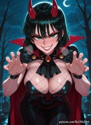 2026 ai_generated anime bangs bare_tree black_hair breasts cape claw_pose cleavage covered_nipples crescent_moon crossover demon_horns eye_contact fangs female female_focus female_only fishnets fubuki_(one-punch_man) fubuki_\\(one-punch_man\\) graveyard green_eyes grin halloween halloween_costume highres horns huge_breasts large_breasts leaning_forward looking_at_viewer makeup moon night night_sky nsfw one-punch_man patreon patreon_username red_horns red_lips rognezart short_hair sky smile smiling solo teeth tombstone tree vampire_costume