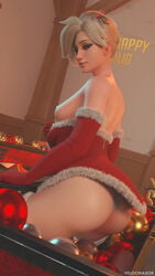 1girls 3d ass back back_view bare_shoulders big_ass blonde_hair blue_eyes christmas christmas_outfit clothed_female female female_only kneeling looking_at_viewer looking_back mercy overwatch presenting_hindquarters thong velocihaxor white_thong