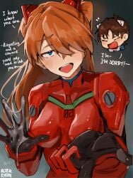 alterkyon asuka_langley_sohryu bangs_over_one_eye canon_couple cum cum_on_hand english_dialogue english_text female latex_clothing male masturbating_other medium_breasts neon_genesis_evangelion plugsuit shinji_ikari twintails