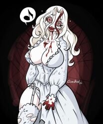 big_breasts big_tits black_pupils blood_in_mouth blood_on_hand blood_stain crazy_female female grey_body grey_skin grey_skinned_female gunshad light_hair pale-skinned_female pale_skin red_sclera resident_evil resident_evil_9:_requiem ripped_clothing selena_corey showing_leg showing_panties singer singing smiling smiling_at_viewer sweating undead undead_female white_dress white_hair white_iris white_panties white_stockings wide_hips zombie zombie_girl