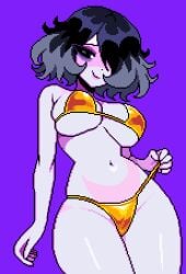 rottenliz self_insert original character:liz_(rottenliz) bikini breasts black_hair alt_girl hair hair_covering_eye panty_pull looking_at_viewer happy 1girls pixel_art twitter boobs ass yellow_bikini