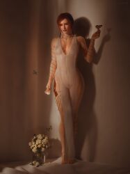 3d black_nails breasts butterfly cd_projekt_red closed_eyes dress dress_only feet female flower light-skinned_female light_skin lushe3d mascara navel_piercing nipples nipples_visible_through_clothing nose_piercing piercing pubic_hair pussy red_hair septum_piercing solo solo_female the_witcher_(series) the_witcher_3:_wild_hunt transparent_clothing triss_merigold