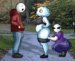 2girls1boy :3 assisted_exposure bald bald_female bald_male belly belly_button black_bottomwear black_eyes blue_eyes breasts chetoh chubby chubby_female claire_(chetoh) claudia_(chetoh) cloud cloud_humanoid commission commissioner_upload crop_top egg eggmale female hands_in_pockets happy happy_female jeans kneeling kneeling_female looking_at_viewer looking_down_at_another looking_down_at_pussy male oc original original_character original_characters pantsed pantsing photo_background prank red_hoodie shoes smile smiling smiling_at_another smiling_at_viewer sneaky unaware_exhibitionist white_body