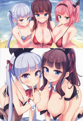 3girls absurdres all_fours animal_ears bangs bare_shoulders beach bikini black_legwear black_ribbon blue_eyes blunt_bangs blush breast_press breasts brown_hair bunny_ears bunnysuit cleavage clothing collarbone covered_nipples day eyebrows_visible_through_hair fake_animal_ears female female_only front-tie_bikini front-tie_top girl_sandwich green_eyes hair_ornament hair_ribbon hairband halterneck highres huge_filesize large_breasts leotard long_hair looking_at_viewer medium_breasts mochizuki_momiji mole mole_on_breast multiple_girls multiple_views navel new_game! nipples nitro_(mugityaoisii) one_side_up outdoors penguin_hair_ornament pink_hair ponytail puffy_nipples purple_eyes purple_hair red_bikini ribbon sandwiched scan shiny shiny_hair shiny_skin short_hair smile suzukaze_aoba swimsuit takimoto_hifumi thighhighs twintails upper_body very_long_hair water