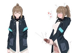 1girl arknights bar_censor black_jacket blush breasts brown_eyes brown_hair censored commentary cum doctor_(arknights) ejaculation female_doctor_(arknights) futanari futanari_masturbation heart highres huang_jie jacket large_penis long_hair masturbation open_clothes open_jacket open_mouth penis ponytail rolling_eyes smile solo split_mouth spoken_heart testicles