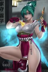 alternate_costume aqua_eyes artist_logo artist_name aura bare_hips between_breasts blue_eyes bow breasts cleavage clothing female fingerless_gloves fingernails gali-x gloves glowing_eyes green_hair hair_between_eyes hairbow half_mask high_ponytail holding holding_weapon japanese_clothes kimono kiriko_(overwatch) kunai lantern large_breasts leg_up lips looking_at_viewer medium_breasts ninja no_panties ofuda outdoors overwatch parted_lips pelvic_curtain pink_footwear ponytail purple_gloves rain red_footwear red_gloves rope rope_belt shoes short_hair short_sleeves side_slit sleeveless smile sneakers solo standing talisman tassel teeth thighs topknot weapon wet wet_clothes white_bow white_kimono