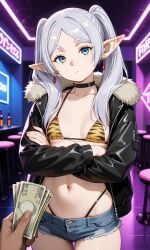 1girl ai_generated banknote bikini choker crossed_arms denim_shorts earrings elf elf_ears elf_female elf_girl expressionless female frieren frieren_beyond_journey's_end fur_trim green_eyes grey_hair head_tilt indoors jacket long_hair looking_at_viewer micro_shorts money mr.mawile navel nightclub offering_money open_jacket parted_bangs pointy_ears pov prostitute prostitution small_breasts solo sousou_no_frieren standing thick_eyebrows thong_bikini tiger_print_bikini twintails