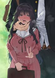 1boy 1boy1girl 1girls bag bangs belt belt_buckle black_hair black_hairband black_jacket blue_eyes blush blushing_female blushing_profusely breasts brown_belt covered_nipples covering_crotch dress_shirt drool drooling finger_in_another's_mouth finger_in_mouth gakuran gyaru_v hairband hews_hack holding holding_bag holding_object implied_after_sex kaoru_hana_wa_rin_to_saku large_breasts long_hair messy_hair neck_ribbon nipple_bulge nipples open_mouth pink_clothing pink_dress serafuku solo_female solo_male steam steamy_breath sweatdrop tongue unseen_male_face v-sign waguri_kaoruko wet_clothes white_collar white_shirt