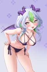 1girls 2d :p arched_back belly_button big_breasts bikini blush breasts cleavage eyeshadow female female_only fit fit_female froot green_eyes green_hair grey_hair hair hair_on_shoulders hairclip hand_on_hip hand_on_thigh hanging_breasts happy heart-shaped_pupils hips horn_piercing horns indie_virtual_youtuber large_breasts leaning_forward looking_at_viewer midriff multicolored_hair navel pale-skinned_female pale_skin petite pointy_ears purple_eyeshadow race_queen short_hair sideboob slim_waist smile solo stomach tongue tongue_out tummy virtual_youtuber vtuber waist wide_hips wings wolf_cut