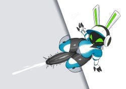 2026 3_fingers anthro big_breasts big_penis black_body bodily_fluids breasts clothed clothing cum cumshot ejaculation electronics erection fingers genital_fluids genitals green_eyes green_mouth gynomorph hat headgear headphones headset headwear hi_res high-angle_view huge_cock humanoid_genitalia humanoid_penis i3i2455_ivi394 intersex lagomorph leporid looking_at_viewer mammal open_mouth penis project_turboblast rabbit self_upload simple_background sitting sitting_on_ground solo tempo_(project_turboblast) thick_thighs white_body