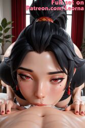 1boy 1boy1girl 1girls ai_generated anran areola areolae big_penis black_hair blowjob blush breasts breasts_out crop_top deep_blowjob deepthroat earrings eyeshadow fellatio high_resolution highres leorna licking licking_penis lipstick medium_breasts nail_polish nipples open_mouth overwatch penis ponytail saliva straight sucking thick_thighs thighhighs thighs thong toned toned_female veiny_penis