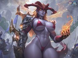 1girls abs ai ai_edit alternate_breast_size alternate_breast_size_(larger) bikini breasts cowboy_shot curvy curvy_figure dizelxl edit edited edited_official_artwork female female_only fire hips large_breasts league_of_legends micro_bikini navel outdoors purple_hair purple_skin riot_games self_upload shyvana shyvana_(rework) standing thick_thighs thighs toned toned_female watermark wide_hips