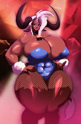 abs angry bovine clenched_teeth cow_girl cowbell dark-skinned_female dark_elf dark_skin female_minotaur fishnet_stockings furel hands_on_hips hips horns huge_ass huge_breasts leotard minotaur minotaur_female muscular_female naughty_face pinup riendonut seductive thick_thighs wide_hips