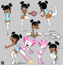 2girls artist_logo artist_signature ass ass_focus ass_to_ass big_ass big_butt black_hair blue_eyes bubble_ass bubble_butt butt dark-skinned_female dark_skin deemlyart female female_only grey_background high_heels lola_mbola robot robot_girl robotboy robotgirl_(robotboy) simple_background thick_thighs