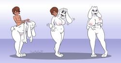 1boy 1girls 2020 anthro areolae breasts brown_hair chubby commission erect_nipples female fox0808 furry furry_breasts furry_ears gender_transformation goat goat_horns green_eyes human human_to_anthro large_breasts looking_down male male_to_female mammal mammal_humanoid mtf_transformation nipples nude nude_female primate purple_background red_eyes sequence skinsuit suit suit_transformation toriel transformation undertale video_game video_games white_fur