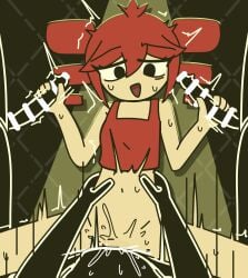 1girl 3boys bar_censor black_eyes censored censored_penis double_handjob handjob kasane_teto mv_character open_mouth penis red_hair red_shirt sex sleeveless sleeveless_shirt song_request spotlight sweat twin_drills utau voifoooork