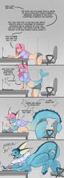 2026 absurd_res accessory anus big_breasts blue_body bottomwear breast_expansion breasts busty_feral butt chair claws clothing comic computer dialogue digital_media_(artwork) eeveelution electronics english_text expansion female feral furniture generation_1_pokemon genitals grey_background growth hair hair_accessory hairband hi_res human human_to_feral laptop mammal meme nintendo nipples office_chair open_mouth pawpads pika-moo pink_eyes pink_hair pokemon pokemon_(species) pokemon_speak shirt shorts side_view simple_background solo species_transformation surprised tail tail_growth text topwear transformation vaporeon vaporeon_copypasta vulva