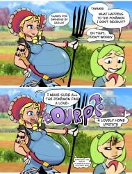 absurd_res belly big_belly blonde_hair bottomwear burp_fetish burping clothed clothing cowboy_hat cowgirl_outfit dialogue digestion digital_media_(artwork) duo english_text farm farmer farming female feral feral_prey globaldonut34 green_hair hair hat headgear headwear hi_res human implied_permanent kitt_(pokemon) mammal nintendo onomatopoeia open_mouth oral_vore overalls overweight pigtails pitchfork pokeball pokemon pokemon_(species) pokemon_champions pokemon_champions_(game) rucola_(pokemon) rumbling_stomach sound_effects speech_bubble tattoo text tongue tools trainer vore