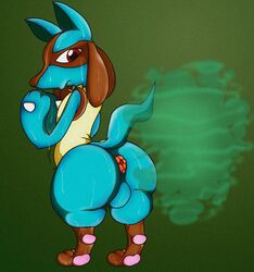 1boy anthro anthrofied anus ass blpanda blue_fur canine fart furry green_background hi_res huge_ass lucario male male_only nintendo pokemon pokemon_(species) pokemon_dppt solo sweat testicles thick_thighs video_games wet