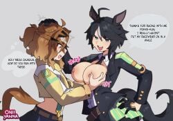 oniiyanna jungle_pocket_(umamusume) umamusume fuji_kiseki_(umamusume) 2girls female female_only breasts partially_clothed necktie necktie_between_breasts open_clothes open_shirt open_jacket breast_grab yuri horse_girl horse_ears horse_tail tail hand_on_hip ahoge head_grab short_hair black_hair brown_hair streaked_hair white_streak hairclip earrings gloves blush sweatdrop yellow_eyes blue_eyes braid ponytail