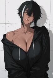 uersor valery_(uersor) tomboy tomboyish tomboy_milf milf latina latina_female latina_milf ai_generated ai ai_art ai-created deviantart_link female female_only female_focus solo solo_female mature_female 1girls 1girl large_breasts big_breasts breasts shiny_skin dark_skin dark-skinned_female short_hair pixie_cut hair_between_eyes sidelocks messy_hair black_hair looking_at_viewer simple_background wall upper_body streaked_hair half-closed_eyes yellow_eyes glowing_eyes eyelashes black_eyelashes long_eyelashes eyelids parted_lips brown_lips brown-skinned_female brown_skin tan_skin tanned_skin tan-skinned_female tanned-skinned_female scar_on_neck scar_on_chest scars_on_chest collarbone cleavage off_shoulder hoodie hood hood_down