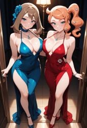 2girls ai_generated aqua_eyes arm_around_waist asymmetrical_docking bare_shoulders blue_choker blue_dress blue_eyes blue_flower blue_nails blush bracelet breast_press brown_hair cleavage closed_mouth dress evening_gown full_body heart_hair_ornament high_heels indoors jewelry large_breasts long_hair looking_at_viewer may_(pokemon) necklace orange_hair pokemon pov pov_doorway red_dress rose seductive seductive_look seductive_smile side_ponytail side_slit sleeveless sleeveless_dress sonia_(pokemon) standing thighs tight_dress