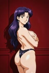 misato_katsuragi neon_genesis_evangelion evangelion anime posing posing_for_the_viewer topless topless_female female round_ass round_butt round_booty booty ass butt thong black_thong purple_hair sexy_pose sexy sexy_female earrings ai_generated ai ai_art