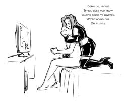 1boy 1girls black_and_white black_boots boot_fetish boots breasts celera_prime couple couple_(romantic) couple_sex cute dominant_female dominatrix domme domme_girl_and_gamer_boy edging elbow_gloves english english_text female femdom femdom_caption footwear funny gamer gaming gaming_headset gentle_femdom gloved_handjob gloved_hands glovejob gloves goth_girl goth_girl_and_gamer_boyfriend handjob high_heel_boots high_heels latex latex_boots latex_gloves leather leather_boots leather_gloves long-haired_female long_hair male monochrome olivia_(celera_prime) original original_character original_characters patent_boots romantic romantic_couple shoe_fetish shoes skirt submissive_male tease teasing thigh_boots thighhigh_boots thighhighs thighs